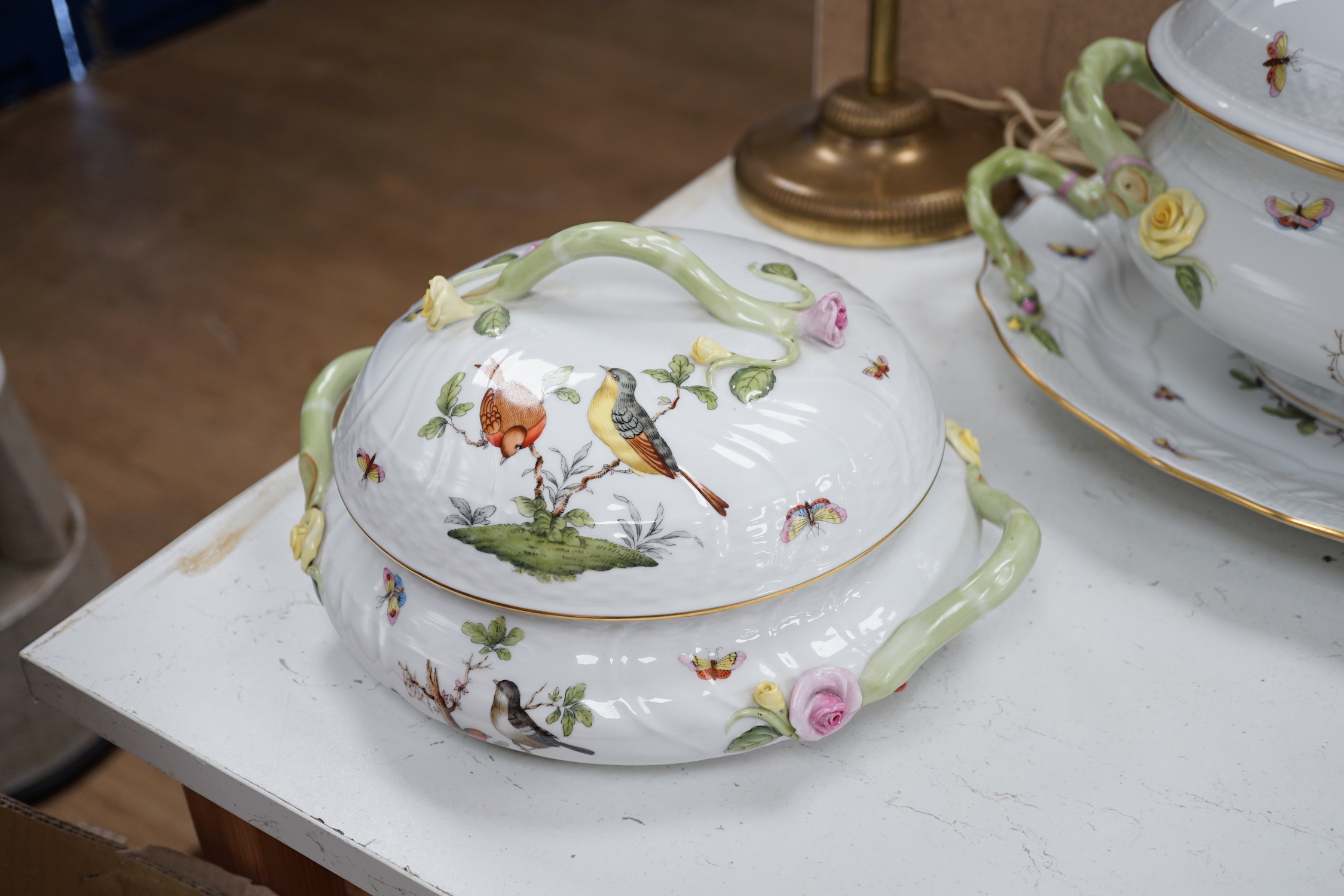 A Herend Rothschild birds pattern soup tureen cover and stand, two vegetable tureens and an oval dish